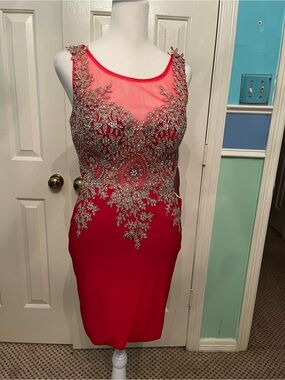 Dancing Queen Red Midi Dress with Silver Embellishment